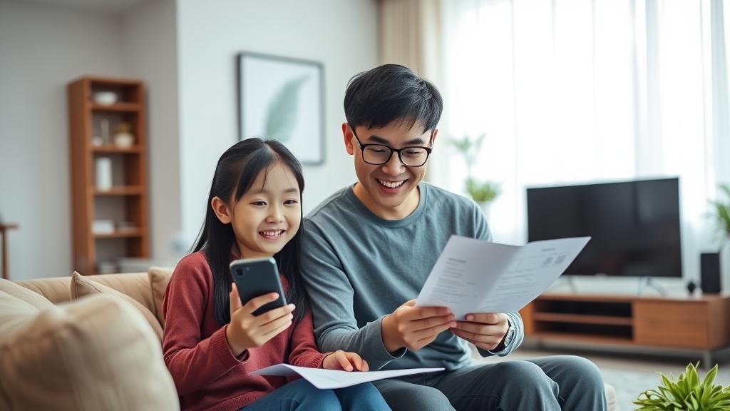 SKT 온가족할인 인터넷 할인 기준 변경 - 가족이 스마트폰 요금 서류 확인하는 모습 - 싸당 꿀팁