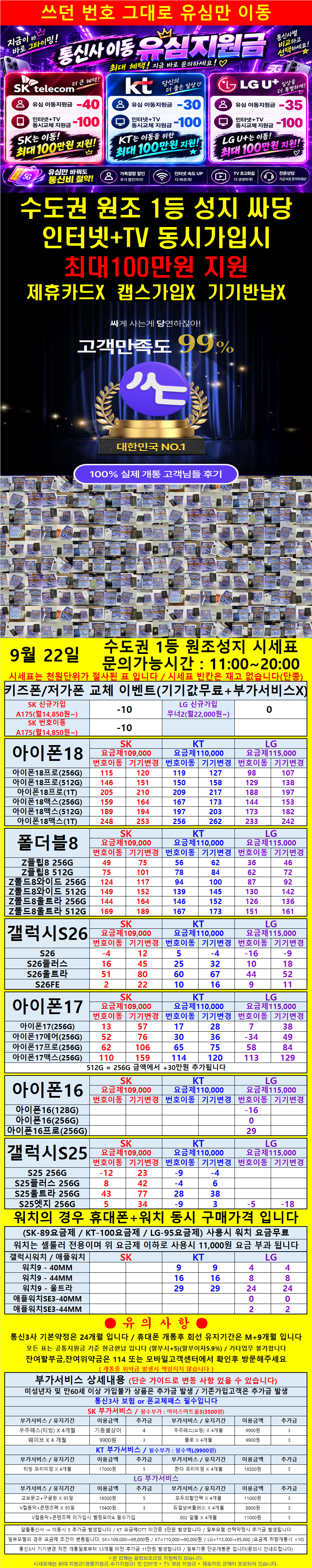 당일 즉시개통 동작구 누적판매1위 신분증맡김X 카드X 시세표 이미지 1