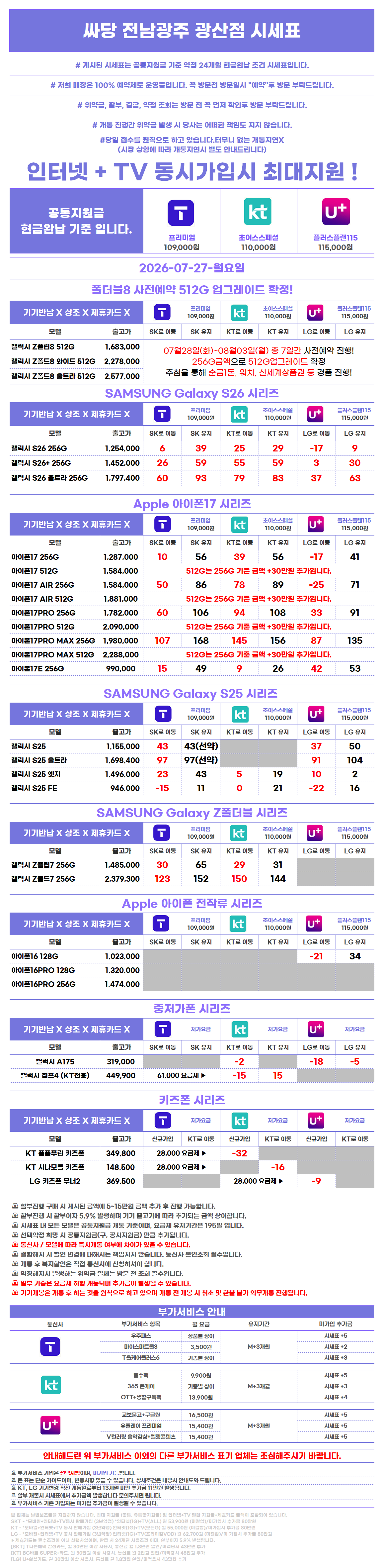 전남광주 광산구 수완지구 첨단지구 휴대폰 성지 시세표 시세표 이미지 2