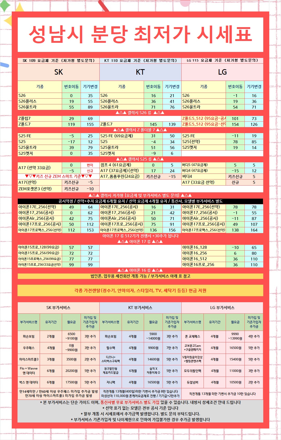경기남부 성남시 분당 판교 휴대폰성지 오늘의 특가 시세표 이미지 3