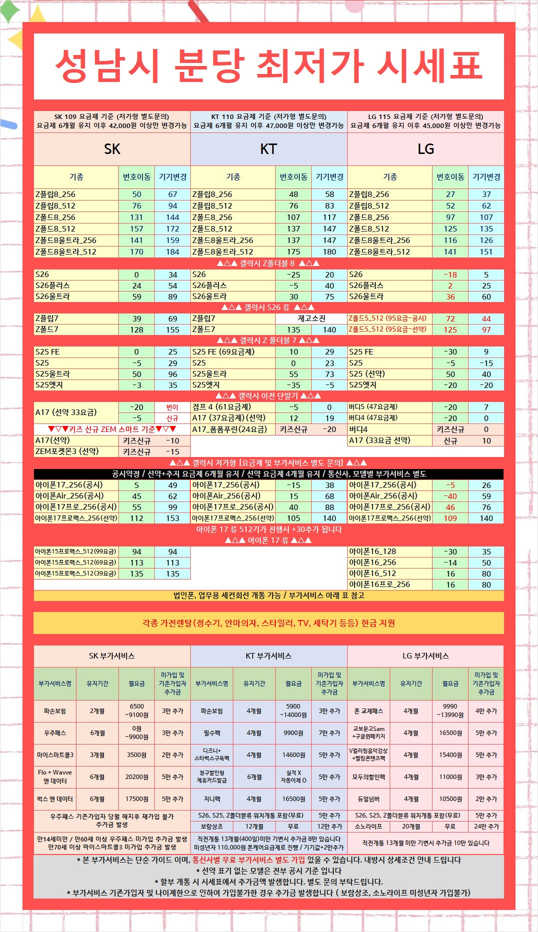 경기남부 성남시 분당 판교 휴대폰성지 오늘의 특가 시세표 이미지 3