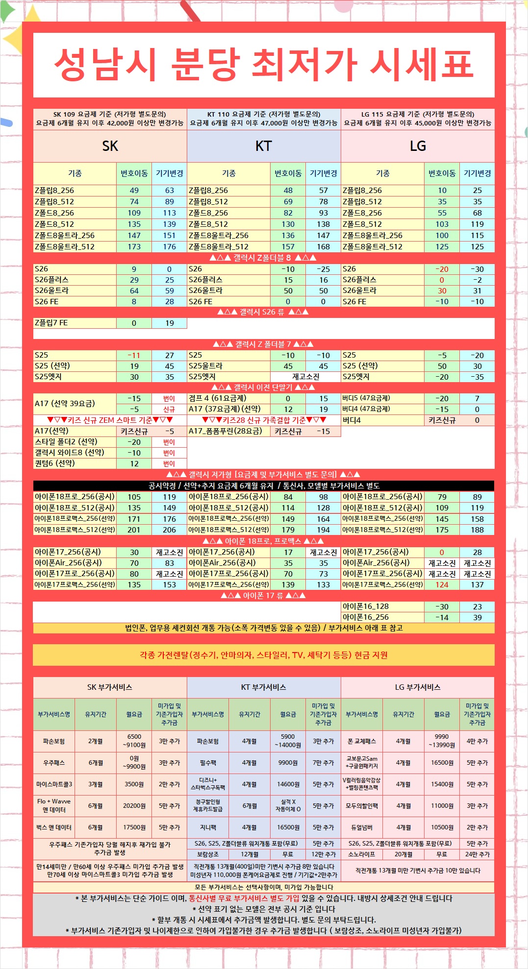 경기남부 성남시 분당 판교 휴대폰성지 오늘의 특가 시세표 이미지 3