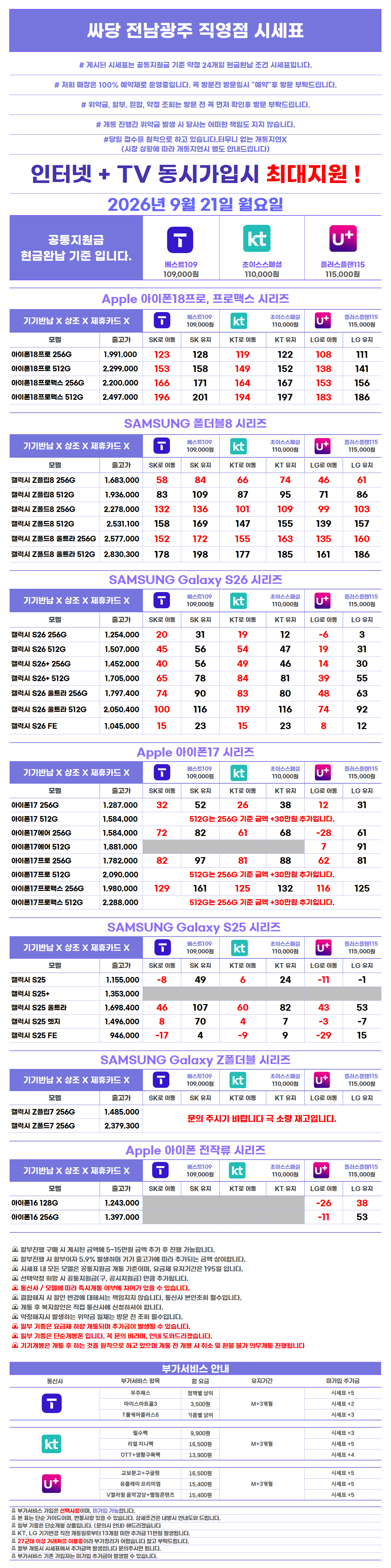 전남광주 광산구 수완지구 첨단지구 휴대폰 성지 시세표 시세표 이미지 2