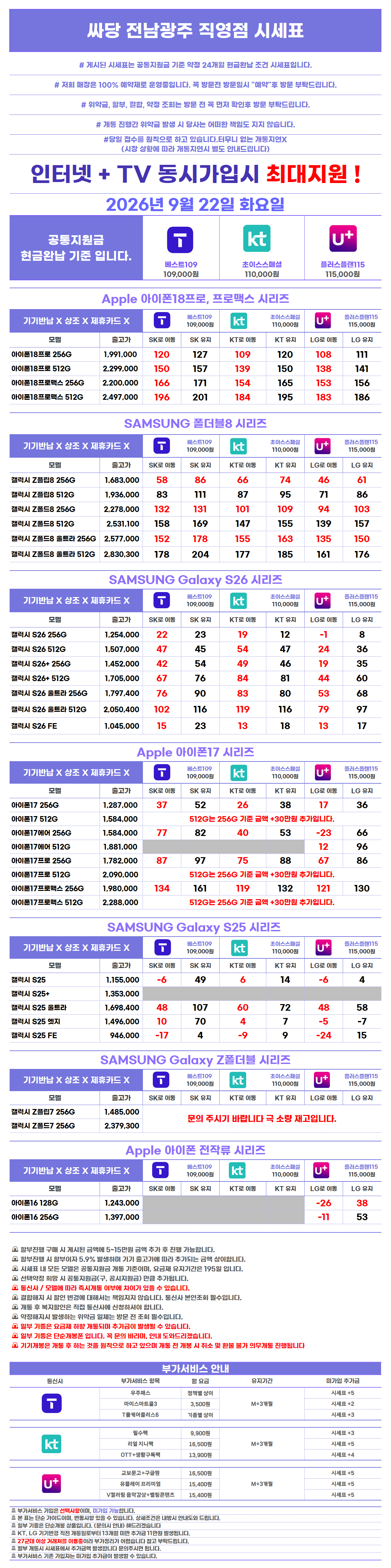 전남광주 광산구 수완지구 첨단지구 휴대폰 성지 시세표 시세표 이미지 2