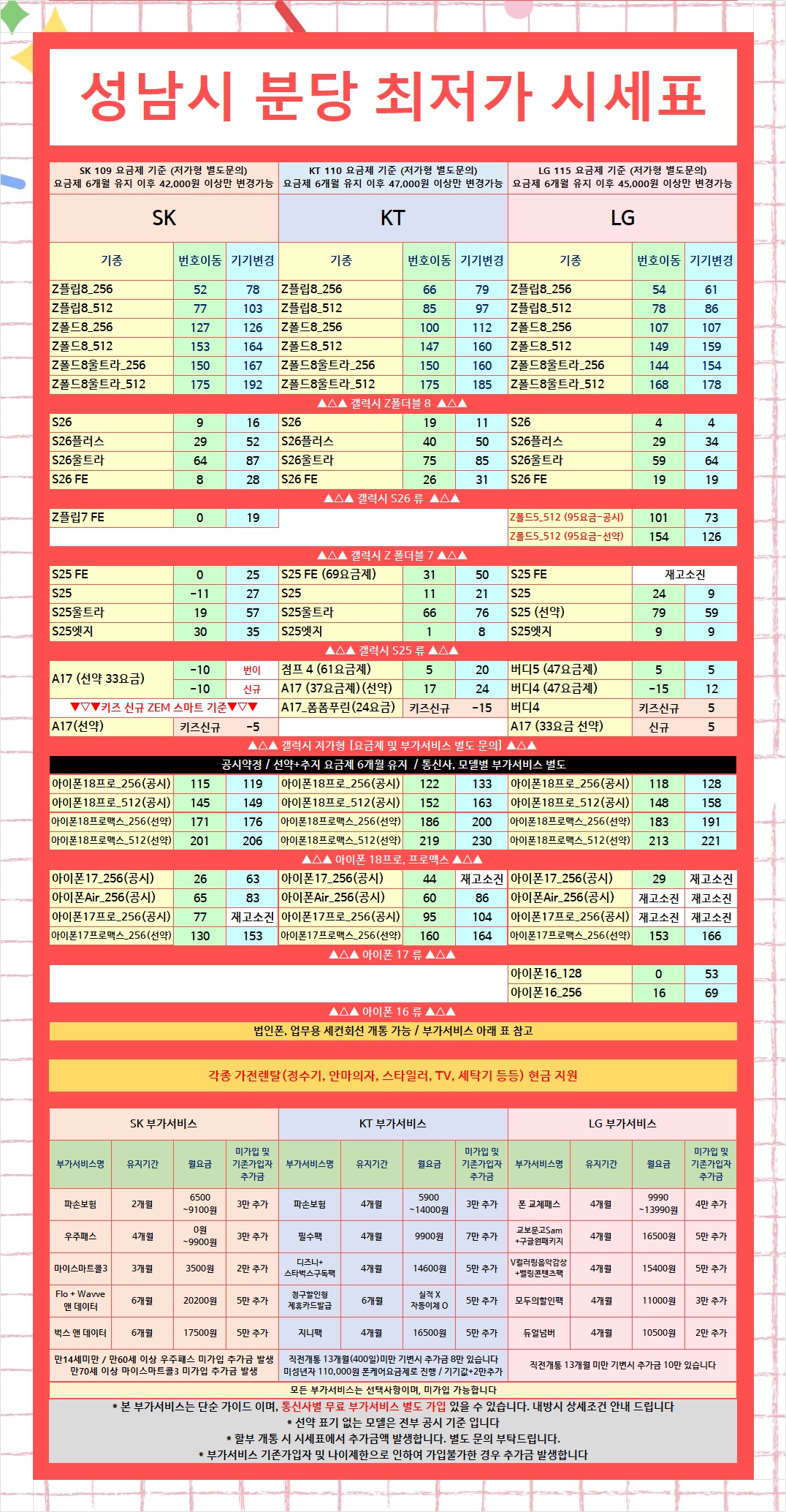 경기남부 성남시 분당 판교 휴대폰성지 오늘의 특가 시세표 이미지 2