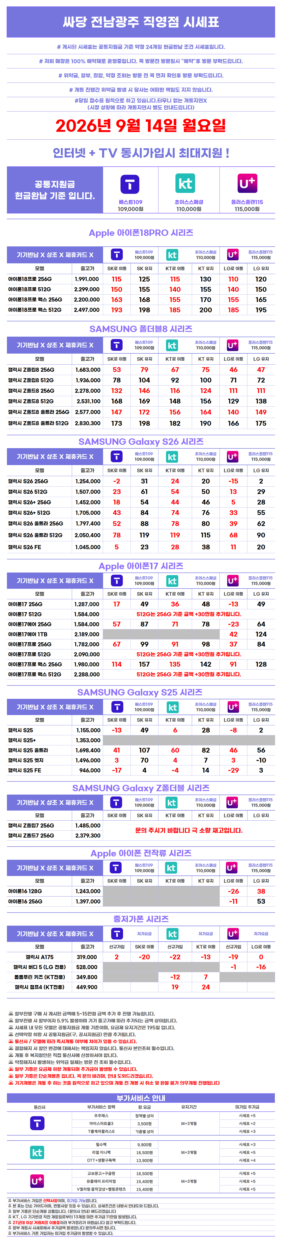전남광주 광산구 수완지구 첨단지구 휴대폰 성지 시세표 시세표 이미지 2